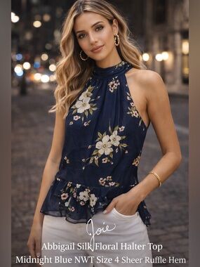 Joie Abbigail Silk Floral Halter Top Midnight Blue NWT Size 4 Sheer Ruffle Hem